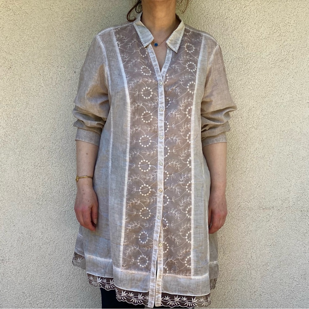 MS Mode Embroidered Button-Front Tunic - Beige/White